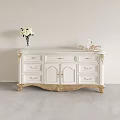 White Display Cabinet With Golden Trim Classic Design Drawers Doors Topped With Vase Decorative Item
