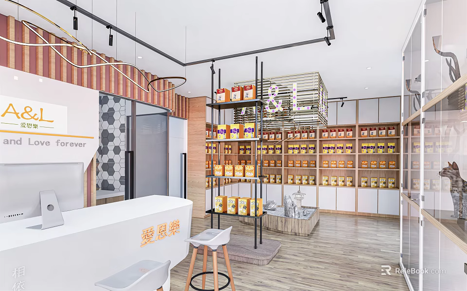 Modern Shopping Mall Store Interior With Shelves Jars Counter Pendant Lights And Seating 3d model 