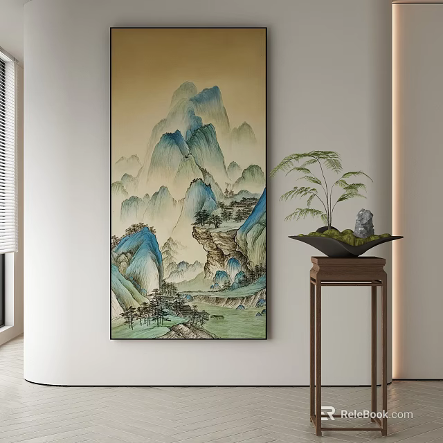 Abstract Painting Hanging On Wall With Traditional Mountains Water And Trees Interior Decor 3d model 