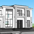 Modern Two Story Single Family House With Stone Walls Large Glass Windows And Black Door