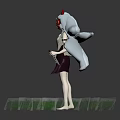 Mythical Creature Character With Red Horned Mask Long White Hair Holding Dagger On Green Grass