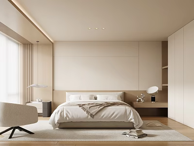 Modern Minimalist Bedroom Interior With Bed Nightstand Accent Chair And Natural Light 3d model