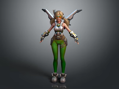 Game Movie Character Wearing White Top Green Tights With Blonde Hair Goggles And Mechanical Wings 3d model
