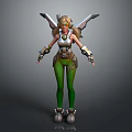 Game Movie Character Wearing White Top Green Tights With Blonde Hair Goggles And Mechanical Wings