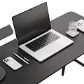 Modern Black Desk With Laptop Tablet Pen Lamp And Gray Chair Plus Black Backpack