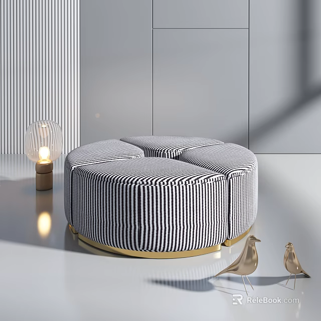 Modern Circular Black And White Striped Ottoman With Gold Base And Decorative Bird Figurines 3d model 