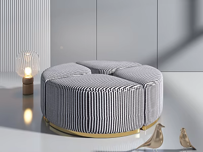 Modern Circular Black And White Striped Ottoman With Gold Base And Decorative Bird Figurines 3d model