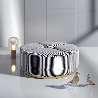 Modern Circular Black And White Striped Ottoman With Gold Base And Decorative Bird Figurines 3d model