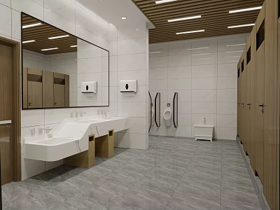 Modern Public Toilet Interior With White Tiled Walls Wooden Cubicles Sinks Mirror And Accessible Facilities 3d model
