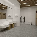 Modern Public Toilet Interior With White Tiled Walls Wooden Cubicles Sinks Mirror And Accessible Facilities