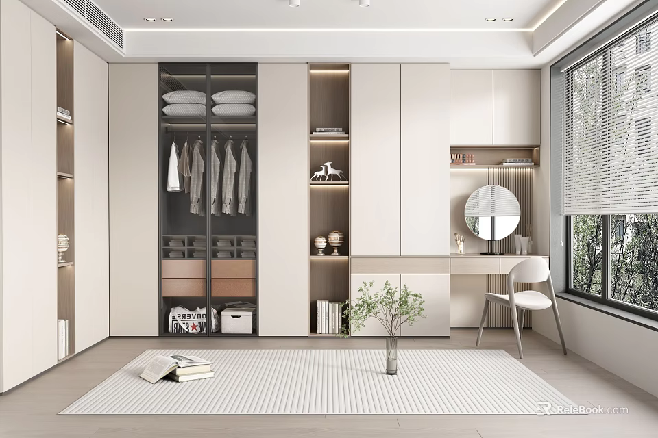 Modern Walk in Closet Interior With Storage Dressing Table And Greenery 3d model 