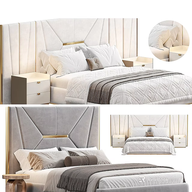 Luxurious Double Bed With Tufted Headboard Gold Accents White Bedding And Nightstands 3d model 