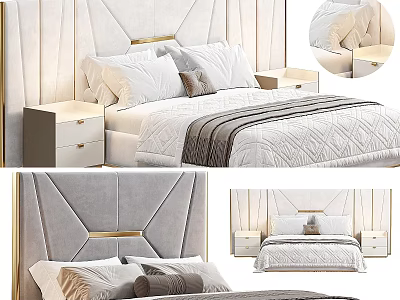 Luxurious Double Bed With Tufted Headboard Gold Accents White Bedding And Nightstands 3d model
