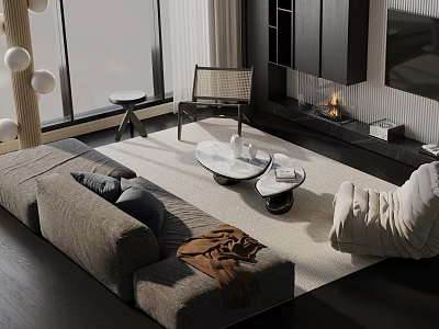 Modern Living Room Gray Sofa And Round Glass Coffee Table With Throw Pillows Area Rug 3d model