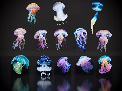 Colorful Jellyfish With Vibrant Hues And Reflective Surfaces On Black Background 3d model