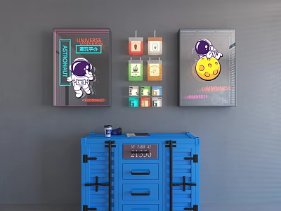 Blue Console Side Cabinet with Top Items and Wall Decor with Astronaut Moon Colorful Blocks 3d model