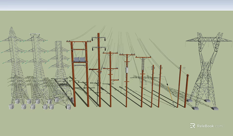 Road Infrastructure With Electric Poles Power Towers And Overhead Power Lines 3d model 