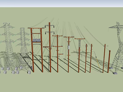 Road Infrastructure With Electric Poles Power Towers And Overhead Power Lines 3d model