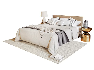 Cozy Double Bed With Beige Headboard White Gray Bedding Side Table Lamp And Light Rug 3d model