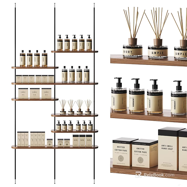 Modern Bathroom Accessories Display On Wooden Shelves 3d model 