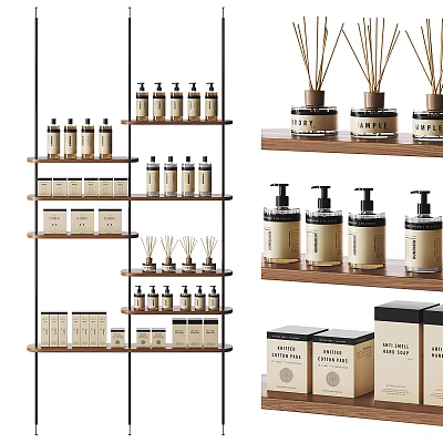 Modern Bathroom Accessories Display On Wooden Shelves 3d model