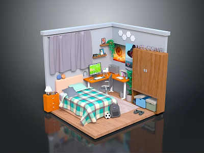 Cozy Small Room Interior With Checkered Bed Desk Computer Curtains Wooden Cabinet And Green Plants 3d model