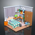 Cozy Small Room Interior With Checkered Bed Desk Computer Curtains Wooden Cabinet And Green Plants
