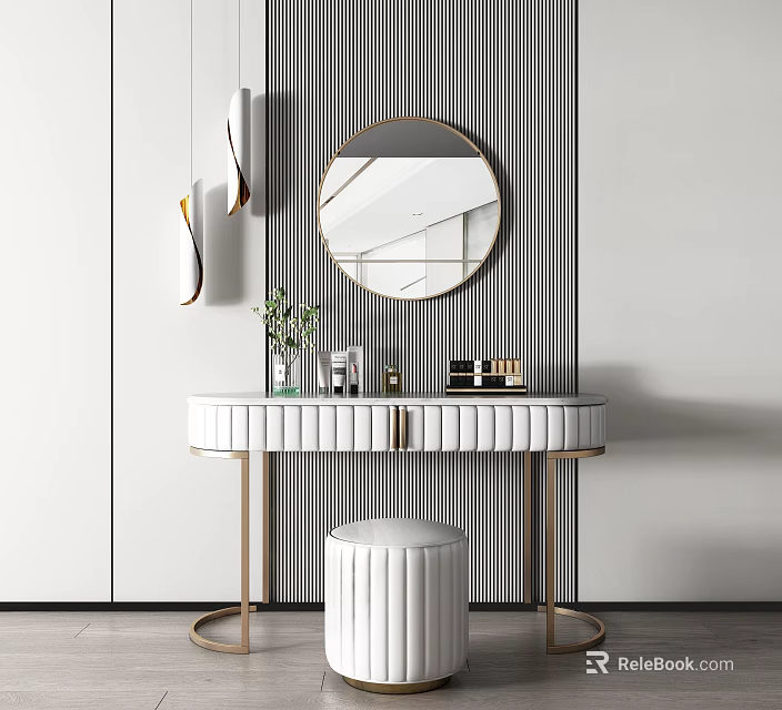 Modern Dressing Table With Round Mirror Gold Legs Stool And Decorative Vase 3d model 