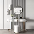 Modern Dressing Table With Round Mirror Gold Legs Stool And Decorative Vase