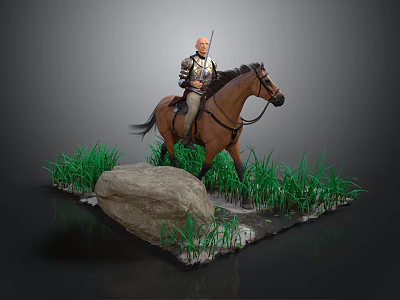 Man Riding Brown Horse on Green Grassland Near Big Stone Scenic View 3d model