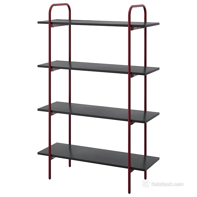 Four Tier Black Shelves With Red Metal Frame Modern Storage Shelving Unit 3d model 