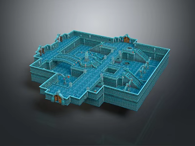 Cartoon Blue Castle Interior With Bridges Arches And Detailed Decorative Layout 3d model