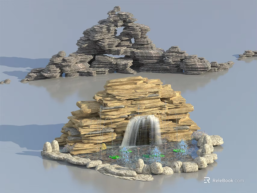 Garden Ornament With Stacked Stone Rockery And Flowing Waterfall Feature 3d model 