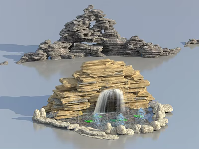 Garden Ornament With Stacked Stone Rockery And Flowing Waterfall Feature 3d model