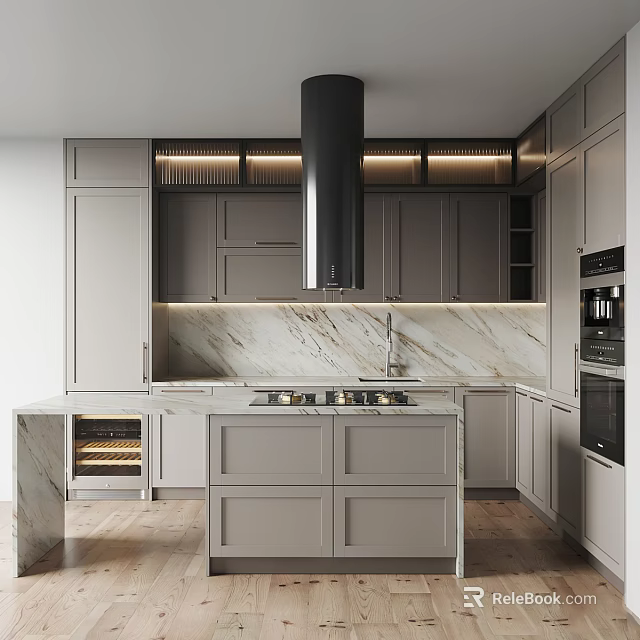 Modern Kitchen Interior With Gray Cabinets Marble Countertops Island And Backsplash 3d model 