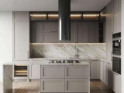 Modern Kitchen Interior With Gray Cabinets Marble Countertops Island And Backsplash 3d model