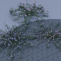 Lush Green Plants With Purple Flowers And Vines On Blue Background