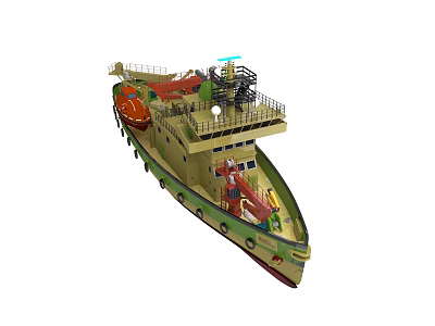 Green and Beige Work Ship with Red Crane Orange Lifeboat and Deck Equipment 3d model