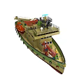 Green and Beige Work Ship with Red Crane Orange Lifeboat and Deck Equipment