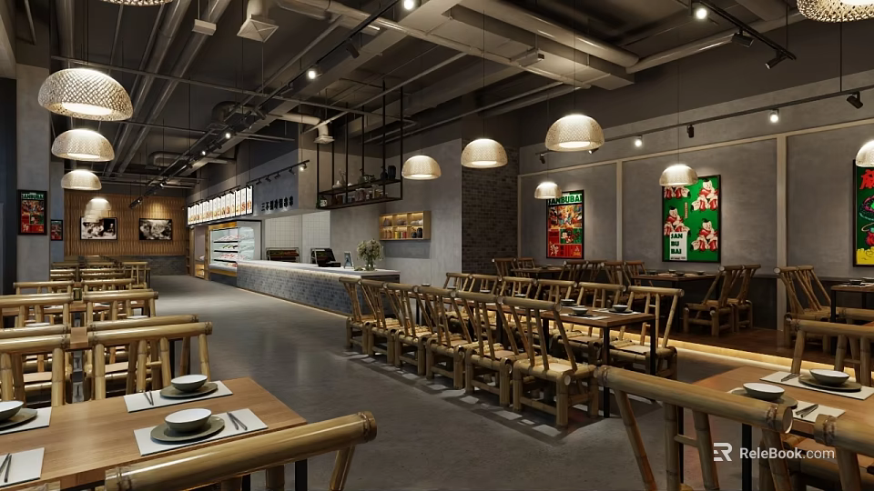 Restaurant Interior With Wooden Tables Chairs Pendant Lights And Wall Posters 3d model 