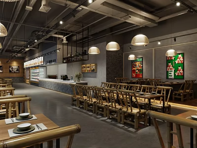 Restaurant Interior With Wooden Tables Chairs Pendant Lights And Wall Posters 3d model