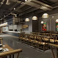 Restaurant Interior With Wooden Tables Chairs Pendant Lights And Wall Posters