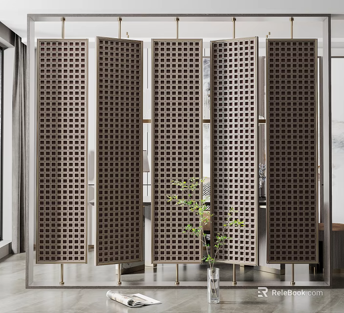 Modern Room Divider Screen with Lattice Pattern Panels and Indoor Green Plant Decor 3d model 