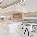 Modern Dessert Shop Interior With White Tables Displays And Greenery