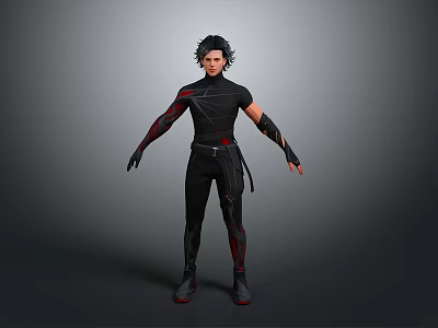 Game Movie Character In Black Outfit With Red Accents And Short Black Hair 3d model