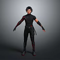 Game Movie Character In Black Outfit With Red Accents And Short Black Hair