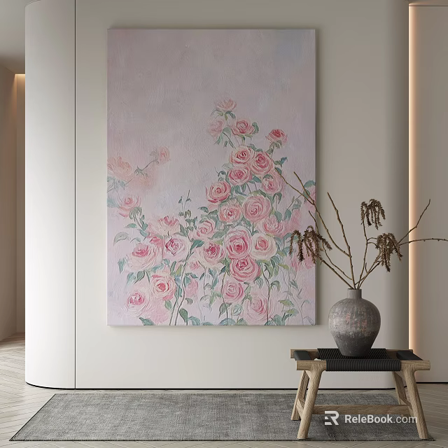Elegant Pink Rose Painting With Vase And Dried Branches In Modern Interior 3d model 