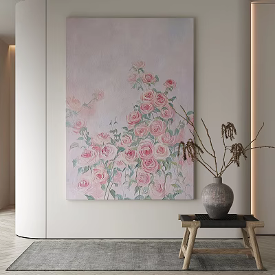 Elegant Pink Rose Painting With Vase And Dried Branches In Modern Interior 3d model