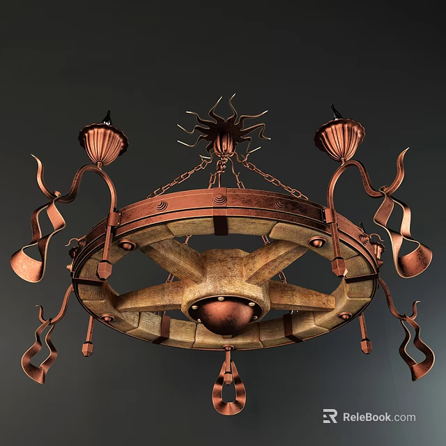 Unique Vintage Copper And Wooden Chandelier With Decorative Flame Shaped Elements 3d model 