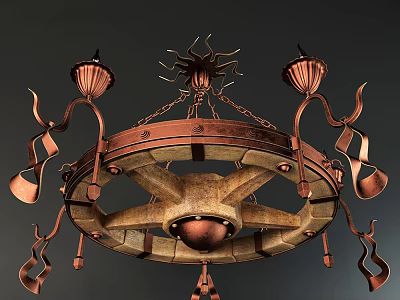 Unique Vintage Copper And Wooden Chandelier With Decorative Flame Shaped Elements 3d model